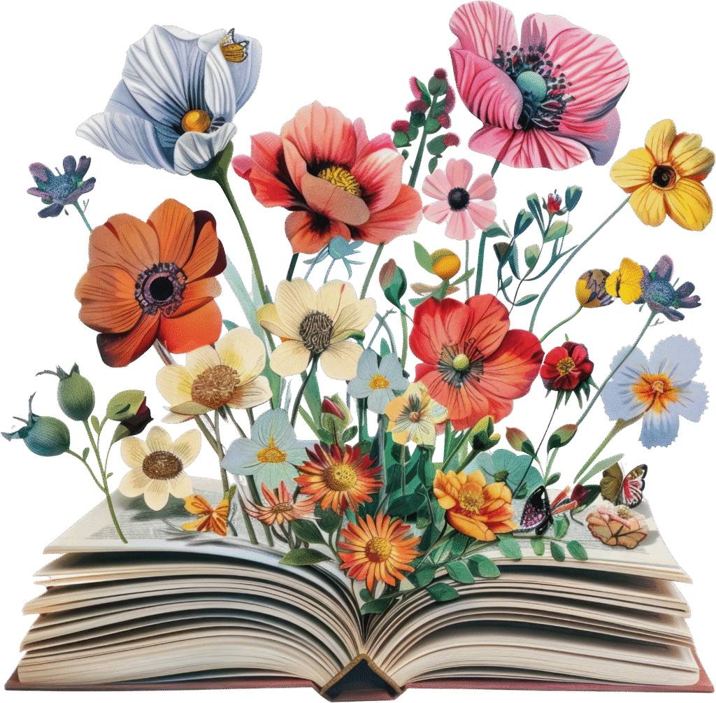 kniha, ze které vyrůstají květiny