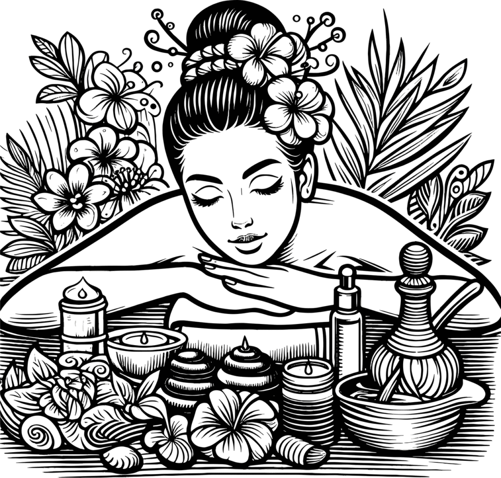 žena relaxuje na lehátku obklopena kosmetikou a oleji, květinami.